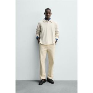 Zara Mens Textured Ribbed Long Sleeve Polo Shirt Cream Off White Relaxed Fit
